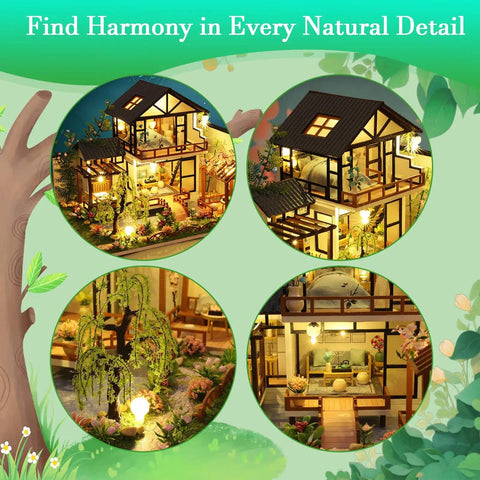 DIY Miniature House Kit With LED Lights, Wooden Dollhouse Craft Kit For Adults And Teens, Tiny Bamboo Stream Garden Dollhouse