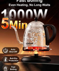 Transparent gooseneck electric kettle 1L stainless steel with visible boiling water, featuring BPA free, fast heating, auto shut off.