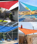 Different colors of sun shade sails installed outdoors over patios and pools, showing various styles and uses in backyard settings.