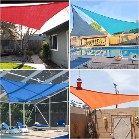 Collage of red, teal, blue, and orange sun shade sails over various outdoor areas