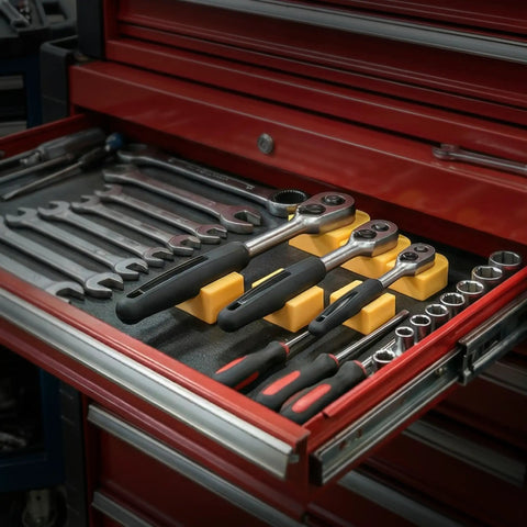 Magnetic Ratchet Organizer Kit 3 Pack Set For Your Toolbox Modular Wrench Holders With Magnetic Base Fits Quarter Inch, Three Eighth Inch, And Half Inch Drive Ratchets Durable Handy Organizer Keeps Tools Neat And Ready To Grab shown in a toolbox with organized wrenches and sockets.