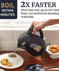 Fast Boil 1.7L Electric Tea Kettle With 1500W Power BPA Free Auto Shut Off pouring hot water into a cup on a table with snacks