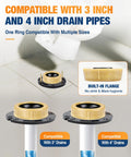 Top Shelf Toilet Flange Repair Kit With Extra Thick One Point Five Seven Inch Wax Ring to Crush Leak Headaches and Guarantee Rock Solid Seal For Three And Four Inch Pipes, showing compatibility with 3 inch and 4 inch drain pipes.