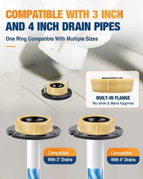 Top Shelf Toilet Flange Repair Kit With Extra Thick One Point Five Seven Inch Wax Ring to Crush Leak Headaches and Guarantee Rock Solid Seal For Three And Four Inch Pipes, showing compatibility with 3 inch and 4 inch drain pipes.