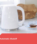 1.7L Cordless Electric Kettle with Rapid Boil, Auto Shutoff, and Water Window, Premium Textured Finish in White on kitchen counter