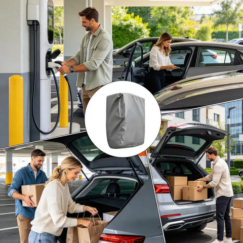 Heavy Duty EV Charger Cover With Snag Proof Drawstring Closure Waterproof Dustproof Weather Guard Built Tough As Nails For Outdoor Plug Protection, gray fabric