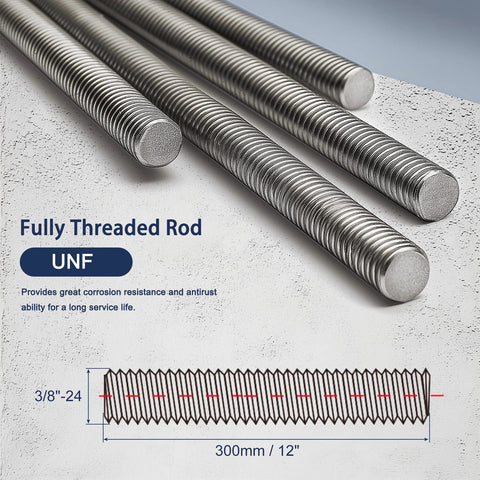 HiPicco 3/8-24 stainless steel fully threaded rods, 12 in long, UNF right-hand thread (set of 4).