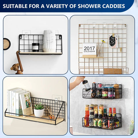 14 Piece Clear Shower Caddy Replacement Hooks With Heavy Duty No Drill Adhesive Tabs For Secure Bathroom Shelving And Kitchen Organization Quick Click Install shown with different shower caddies.