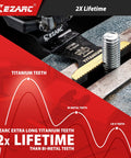 Close-up of EZARC titanium coated oscillating saw blade, demonstrating durability against metal screws. Hella Durable Titanium Coated Oscillating Saw Blades Three Pack For Slicing Metal Wood Nails And Screws Extended Bi Metal Multitool Hardware That Knocks Out Messy Jobs With Zero Sweat Or Blade Damage.