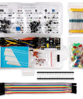 Hella Sweet 298 Piece Electronics Starter Kit With Breadboard Compatible With Arduino And Raspberry Pi featuring various components in a clear storage box.