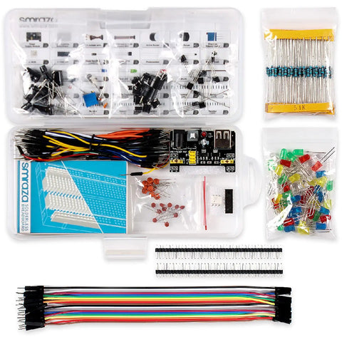 Hella Sweet 298 Piece Electronics Starter Kit With Breadboard Compatible With Arduino And Raspberry Pi featuring various components in a clear storage box.