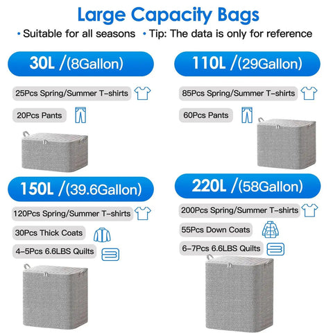 Straight Up Game Changing Foldable Storage Bags 4 Pack With Sturdy Handles seasonal closet organizers for 30L to 220L capacity.