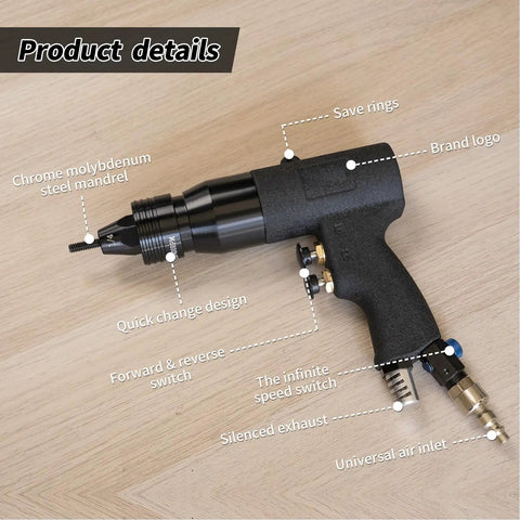 Pneumatic Rivet Nut Kit With 400 RPM Air Tool, features labeled parts like chrome molybdenum steel mandrel and quick change design.