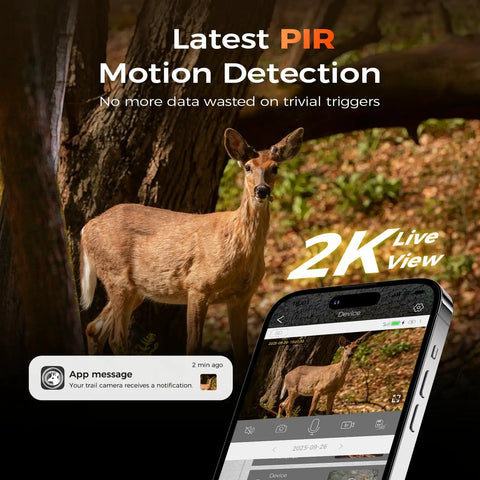 Hella Reliable LTE Cellular Trail Camera With 360 Degree Wide Angle And 2K Crisp Night Vision Live Streaming Built In Sim Card Cuts All Wifi Hassles For Straight Forward Wildlife Tracking And Backyard Scouting showing a deer and phone live view notification.