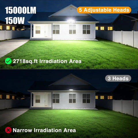 Badass 150W 5 Head Outdoor Flood Light With Built In Dusk To Dawn Sensor illuminating a yard at night with adjustable heads.