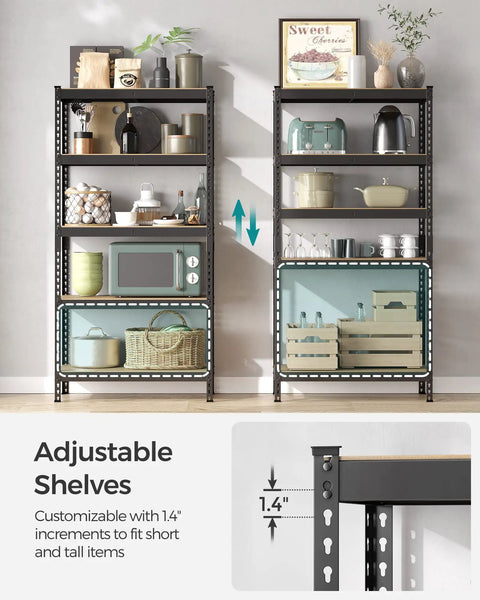 Rock Solid Steel Shelving Rack Set Of Two With Five Adjustable Levels Zero Fuss Boltless Setup Holds Heavy Loads Up To 462 Pounds Per Tier Built Tough garage storage with kitchen items on shelves.