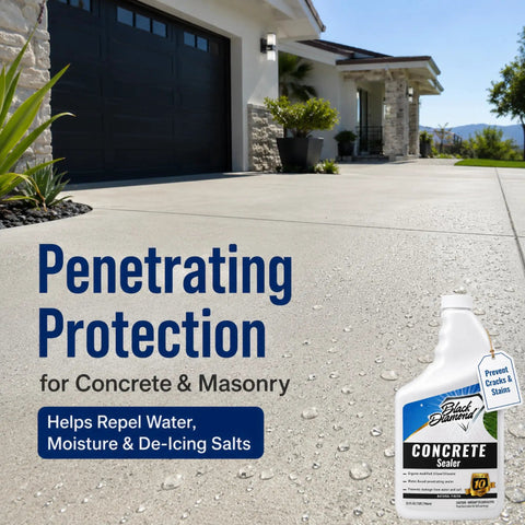 Concrete driveway protected with Penetrating Concrete Sealer For Driveways, Patios, Pavers, Brick, Grout And Masonry Protects Indoor And Outdoor Surfaces From Water And Weather Damage With A Low Odor Formula That Reduces Moisture, Cracking, Stains And Salt Damage bottle visible.