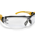 Lightweight Safety Glasses With Antifog Clear Lenses offer heavy duty wraparound coverage in clear with yellow accents.