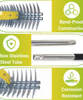 Close-up of 15 Inch Dethatching Rake For Lawn With Dual Edge Steel Head showing bend-proof construction and corrosion-resistant materials.