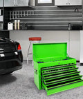 24 Inch Heavy Duty Steel Tool Box With Nine Lockable Drawers Solid Reinforced Metal Tool Chest Green in a garage setting.
