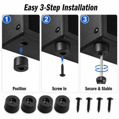 Heavy-Duty Rubber Isolation Feet Four Pack With Steel Inserts installation guide showing positioning and securing of dampening pads.