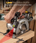 User operating a Six And A Half Inch Cordless Circular Saw Delivers Badass Cutting Force through cutting a wooden board with a laser guide.