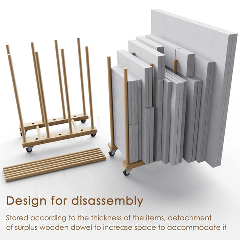 Rock Solid Beechwood Art Storage Rack With Locking Casters For Canvas Boards Frames And Drawing Panels Heavy Duty Studio Organizer with flat items stored.