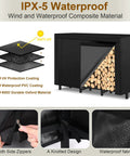 Outdoor Firewood Rack With Heavy Duty Eight-Leg Frame And 4-Foot Width, Weatherproof 600D Oxford Cover shown with side zippers and waterproof layers.