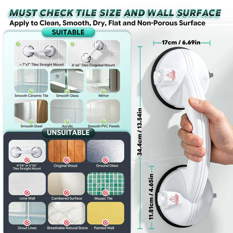 Upgraded Suction Shower Grab Bars For Seniors Monster Grip Stability indicator showing suitable and unsuitable surfaces for installation.