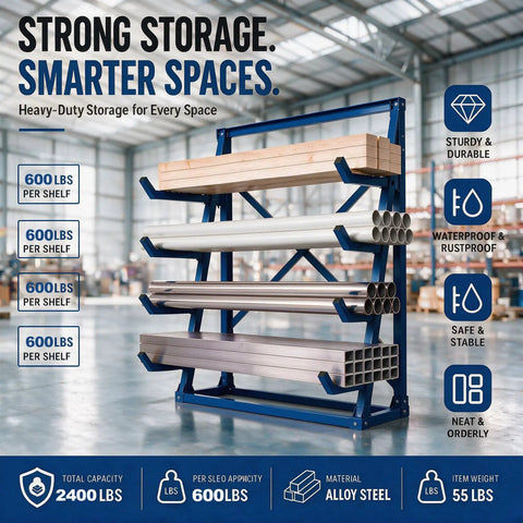 Rugged 8 X 20 Adjustable Arm Lumber Rack Four Tier Cantilever Wood Storage Organizer Waterproof Steel Shop Shelf showcasing wood and metal storage options.