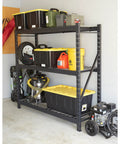 Robust 3 Tier Steel Shelving Rack With 6000 Lb Heavy Duty Capacity For Garage And Warehouse Storage, organized with storage bins.