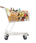Shopping cart filled with groceries, showing 5 Inch Shopping Cart Replacement Casters Set Of Four Polyurethane Stem Wheels For Heavy Duty Load Up To 1400 Lbs Smooth Swivel And Low Marking Durable Construction Designed For Heavy Duty Carts And Trolleys With Non Marking Surface.