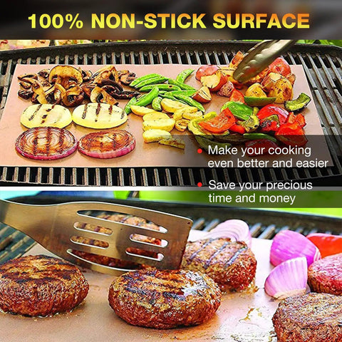 Set Of 6 Copper Grill Mats For Outdoor Grilling on grill with vegetables, showcasing nonstick surface for easy cooking