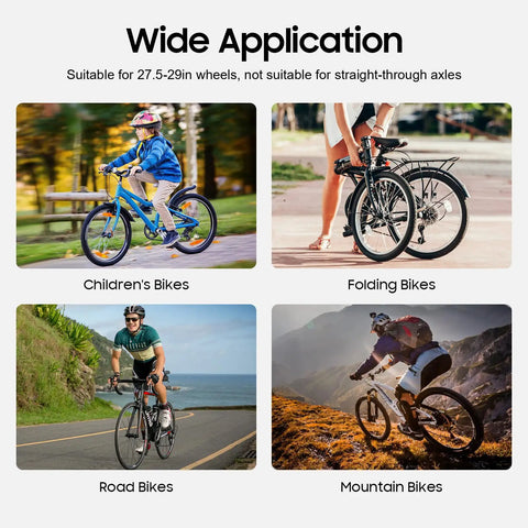 Four bike types shown - children's, folding, road, mountain; compatible with Heavy Duty Wheel Truing Stand for Bicycle and Motorcycle.