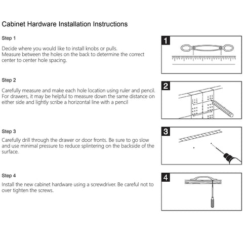 Cabinet hardware installation instructions with measuring, drilling, and screwdriver steps for Crystal Glass Daisy Cabinet Pulls