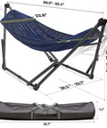 Adjustable Hammock With Sturdy Collapsible Stand For Camping And Outdoor Use 550 Lb Capacity Double Hammock With Foldable Noiseless Frame Includes Carry Bag Easy Setup Weather Resistant Material Aegean, shown with dimensions and carry bag