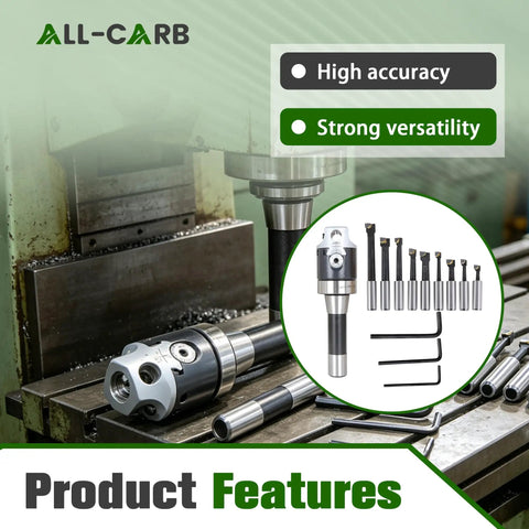2 Inch Boring Head With R8 Shank 9 Piece Pro Grade Carbide Boring Bar Set displayed on milling machine