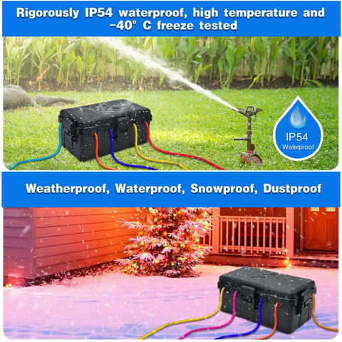 Heavy Duty Outdoor Electrical Box With Six Cable Ports And Ip54 Waterproof Cover on grassy area in rain, protecting cords from weather.