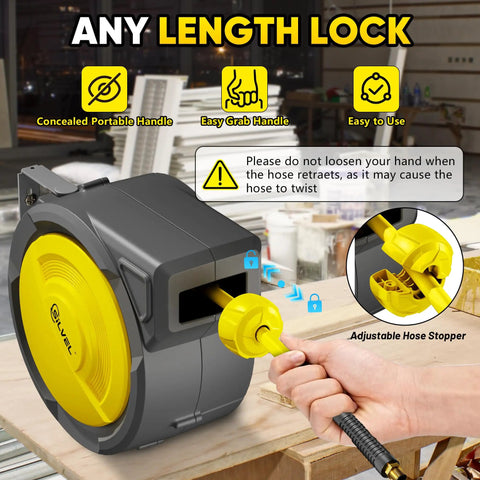 Heavy Duty Retractable Air Hose Reel With Auto Rewind And Full Pivot Swivel Wall Mount For Garage Crew Or DIY Pros Featuring Eighty Foot Three Eighth Inch Hybrid Line With Six Point Five Foot Lead In Tube Handling Three Hundred Psi No Fuss, showcasing concealed handle and adjustable hose stopper.