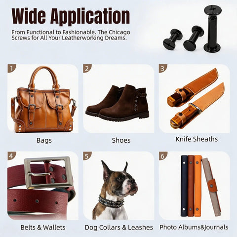 Wide application for Heavy Duty Black Chicago Screws Kit For Leather Crafts, 115 Piece Set, including bags, belts, and leashes.
