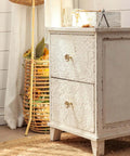 Premium Zinc Alloy Cabinet Knobs 4 Pack Featuring Floral Rhinestone Inlays Rust Resistant Drawer Pulls on vintage white dresser.
