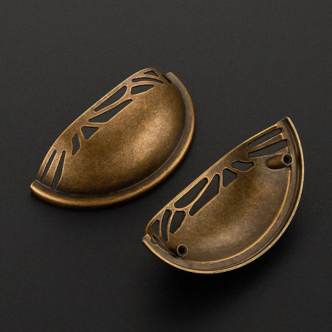 Two Three Pack Antique Brass Half Moon Cup Pulls For Kitchen Cabinets And Drawers Featuring Hella Smooth Finishes and detailed cuts.
