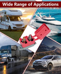 Four Pack Auto Reset Stud Type Circuit Breakers With Cover And Red Vinyl Waterproof Protectors For 12V To 24V DC Boats RVs Motors And Cars 30 Amp Power Protection, showcasing diverse applications in vehicles and boats.
