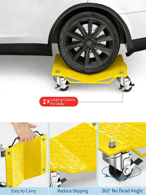 Heavy Duty Car Wheel Dolly Set Beefy Steel Frame 6000 Pound Capacity 360 Degree Swivel Casters under tire with yellow platform and wheels