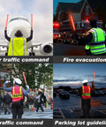 Four diverse uses of 10 Pack 21 Inch Lit LED Traffic Safety Wand With 3 Flashing Modes: airfield, fire scene, traffic and parking guides.