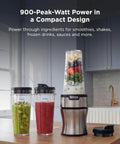 Heavy Duty Personal Blender Featuring 900W Push To Blend Motor And Pro Extractor Blades Crushing Ice For Nutrient Dense Smoothies Including Three Grab And Go 20 Oz Serveware Cups In Classic Silver with smoothie ingredients and cups.
