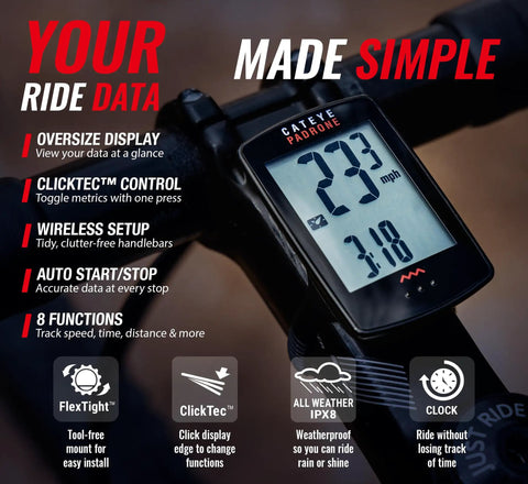 Close-up of Padrone Wireless Bike Computer With Oversized Display And No GPS on handlebars showing speed and distance.