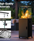 Side view of 41,000 BTU Propane Patio Heater with Lockable Wheels, stainless steel burner, tempered glass, and heat reflector.