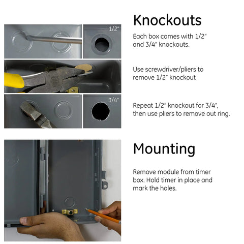 Heavy Duty Digital Pool Timer Switch with knockouts and mounting instructions for outdoor use.