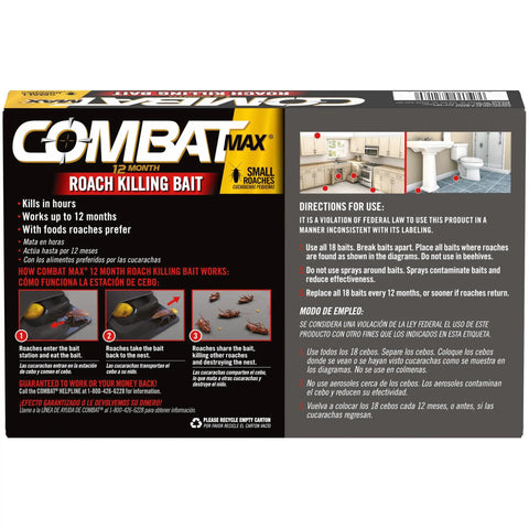 Heavy Duty Roach Killer Bait Traps Designed To Wipe Out Small Roach Nests Fast And Gut The Colony From The Inside While Shielding Your House For 12 Months With Residual Action That Kicks Creepy Crawlers To The Curb And Includes 18 Count Pack packaging with usage instructions and diagrams.
